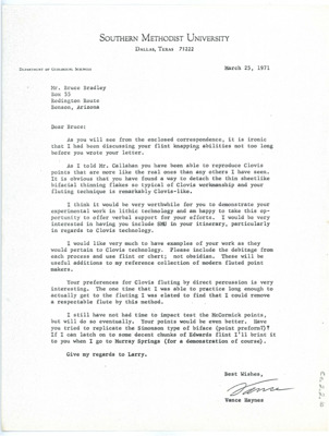 Letter from Vance Haynes to Bruce Bradley