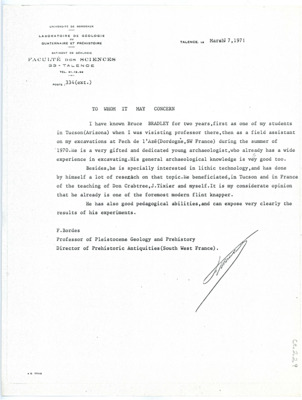 Letter of recommendation written by Francois Bordes regarding Bruce Bradley