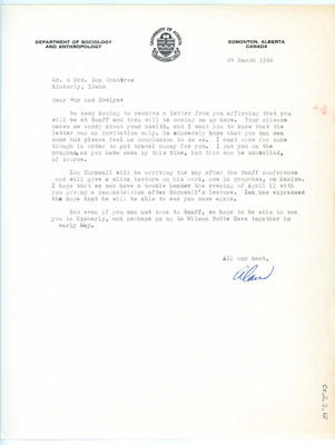 Letter from Alan Bryan to Don and Evelyn Crabtree