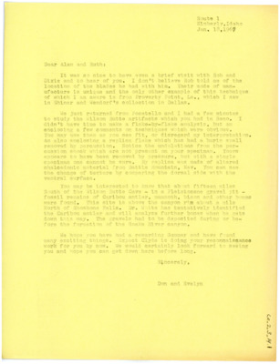 Letter from Don and Evelyn Crabtree to Alan Bryan and Ruth Gruhn including analysis of Wilson Butte artefacts