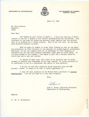 Letter from Alan Bryan to Don Crabtree
