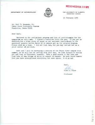 Letter from Alan Bryan to Earl Swanson