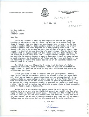 Letter from Alan Bryan to Don Crabtree