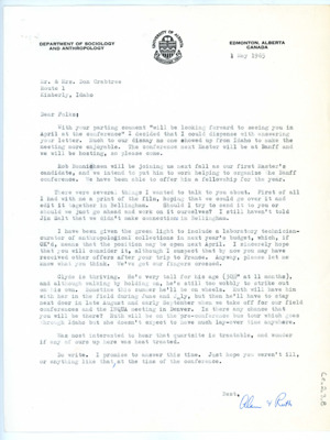 Letter from Alan Bryan and Ruth Gruhn to Don and Evelyn Crabtree