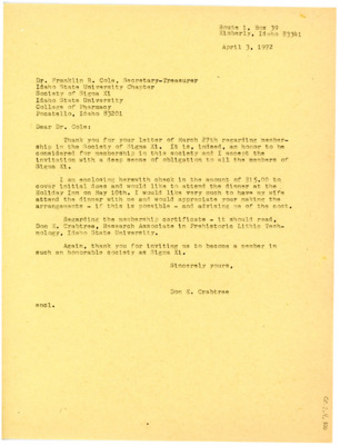 Letter from Don Crabtree to Franklin Cole