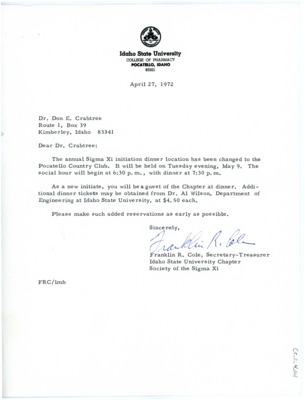 Letter from Franklin Cole to Don Crabtree