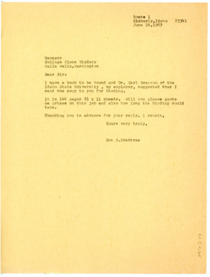 Letter from Don Crabtree to a manager at College Place Bindery