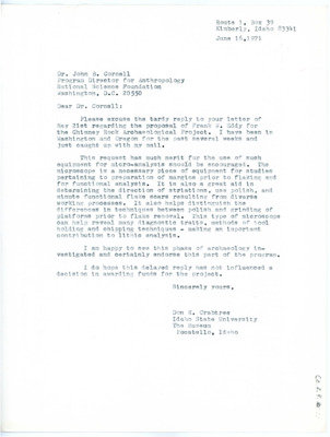 Letter from Don Crabtree to John Cornell