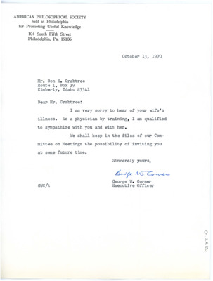 Letter from George Corner to Don Crabtree