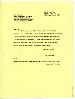 Letter from Don Crabtree to Ted Cubit