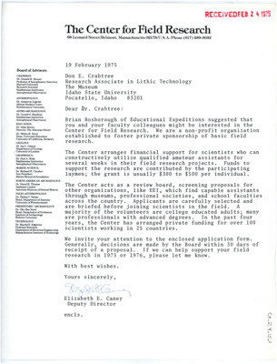 Letter from Elizabeth E Caney to Don Crabtree suggesting the Center for Field Research, and an application for funding archaeological expeditions from The Center for Field Research.