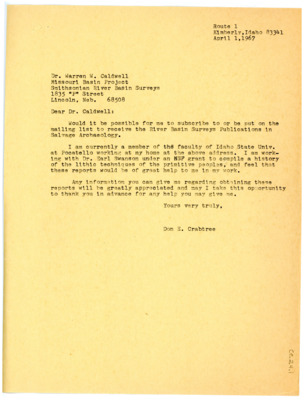 Letter from Don Crabtree to Warren W Caldwell