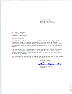 Letter from Gene P Carpenter to Don Crabtree