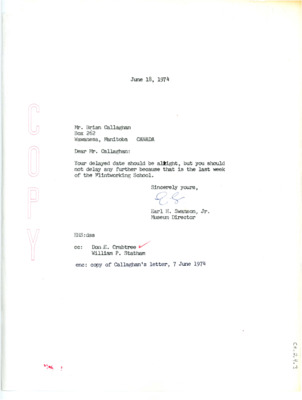 Letter from Earl Swanson to Brian Callaghan