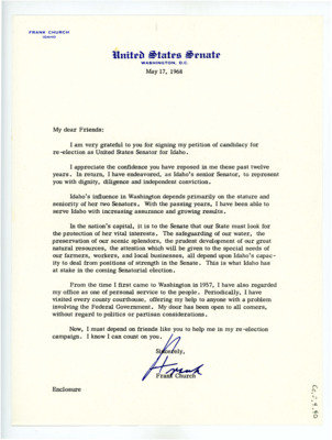 Letter from Frank Church to Don Crabtree