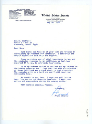 Letter from Frank Church to Don Crabtree