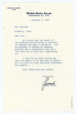 Letter from Frank Church to Don Crabtree
