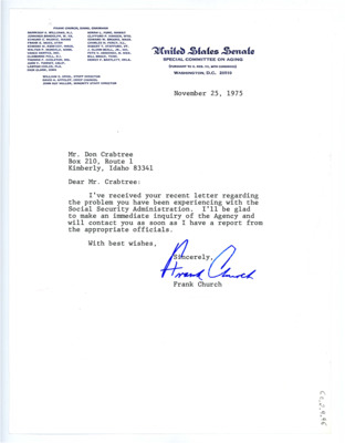 Letter from Frank Church to Don and Evelyn Crabtree