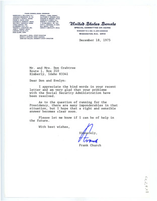 Letter from Frank Church to Don and Evelyn Crabtree