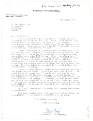 Letter from J Desmond Clark to Don Crabtree regarding making a film with Francois Bordes on flintknapping.