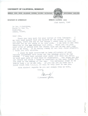Letter from J Desmond Clark to Don Crabtree