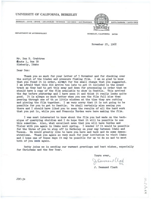 Letter from J Desmond Clark to Don Crabtree