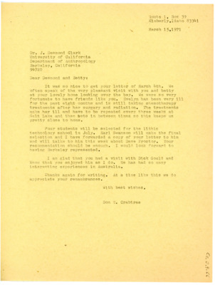 Letter from Don Crabtree to J Desmond Clark and Betty Clark
