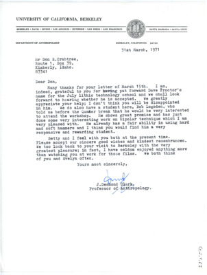 Letter from J Desmond Clark to Don Crabtree