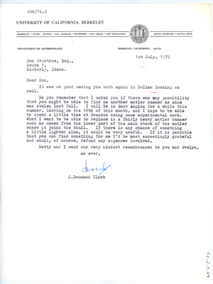 Letter from J Desmond Clark to Don Crabtree