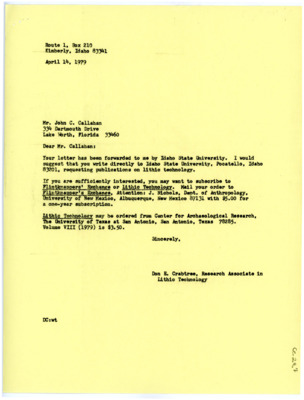 Letter from Don Crabtree to John Callaghan