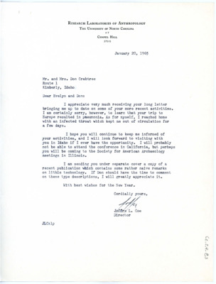 Letter from Joffre L Coe to Evelyn and Don Crabtree