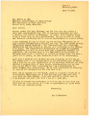 Letter from Don Crabtree to Joffre L Coe