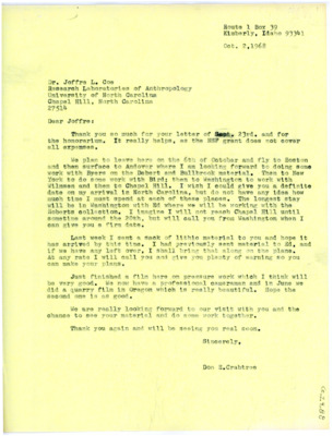 Letter from Don Crabtree to Joffre L Coe