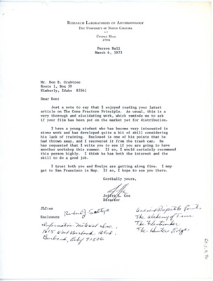 Letter from Joffre L Coe to Don Crabtree