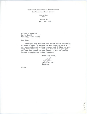 Letter from Joffre L Coe to Don Crabtree