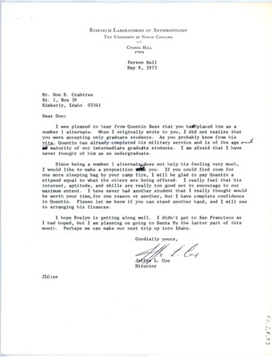 Letter from Joffre L Coe to Don Crabtree