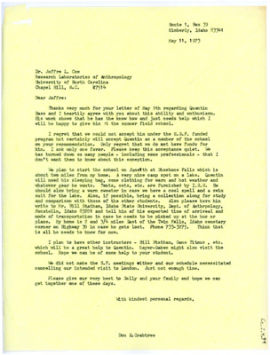 Letter from Don Crabtree to Joffre L Coe