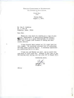 Letter from Joffre L Coe to Don Crabtree