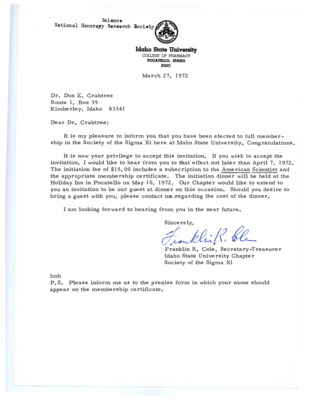 Letter from Franklin Cole to Don Crabtree