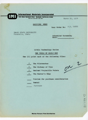 Shipping memo for the puchase of films by Idaho State University