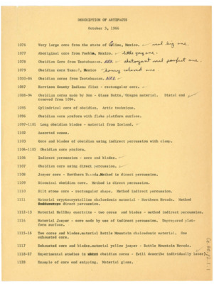 Description of artifacts, with handwritten notes. Artifacts numbered from 1076 to 1157. Continued by CE_B30_F12-Item2.