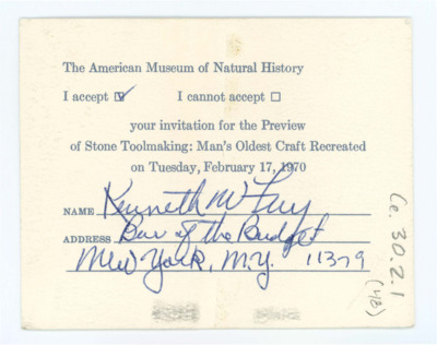 Forty-eight RSVP repsonses for a preview of the "Stone Toolmaking: Man's Oldest Craft Recreated" exhibition, hosted February 17, 1970 at the American Museum of Natural History. Continued by CE_B30_F2-Item2.