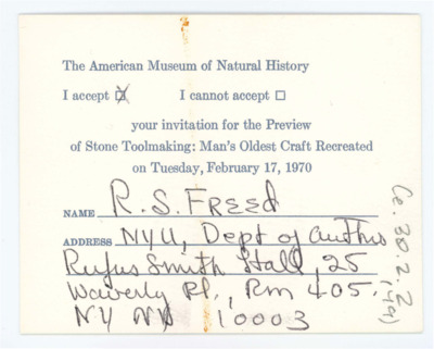 Forty-nine RSVP repsonses for a preview of the "Stone Toolmaking: Man's Oldest Craft Recreated" exhibition, hosted February 17, 1970 at the American Museum of Natural History. Continuation of CE_B30_F2-Item1.
