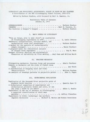 Preliminary table of contents from "Lithicology and Prehistoric Anthropology: Essays in Honor of Don Crabtree"