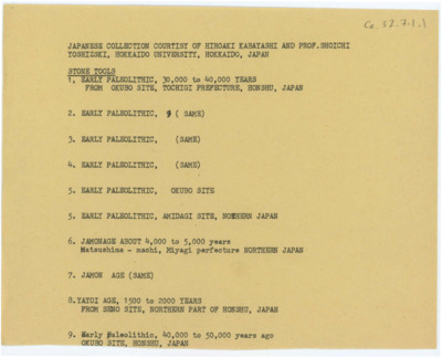 List of artifacts received from Hiroaki Kabayashi and Shoichi Yoshizski