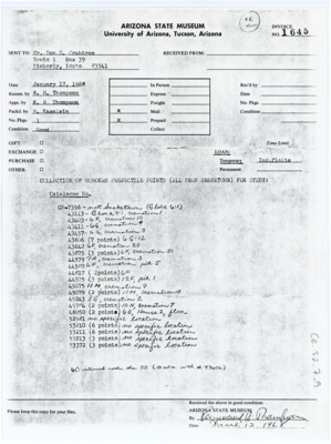 Record of donation from Arizona State Museum