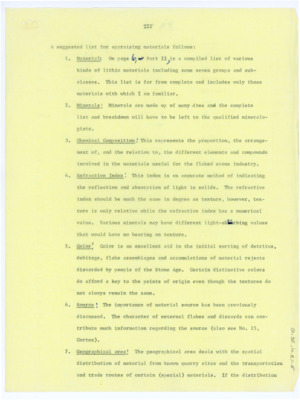 List for appraising materials from "The Flintknappers Raw Materials"