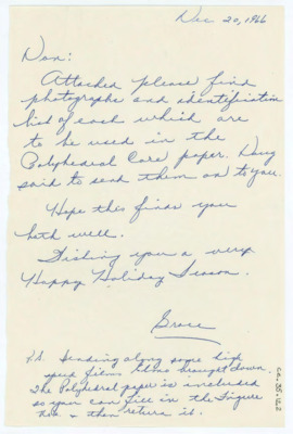 Note stating that photographs and identifications of polyhedral cores are attached to the letter. She is also sending film and a copy of the polyhedral core paper.