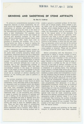 An article published in "Tebiwa" entitled "Grinding and Smoothing of Stone Artifacts". The article includes pictures of wear types on various lithic implements. It was published in Volume 17 in 1974.