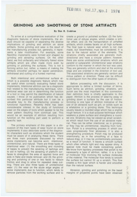 An article published in "Tebiwa" entitled "Grinding and Smoothing of Stone Artifacts". The article includes pictures of wear types on various lithic implements. It was published in Volume 17 in 1974.